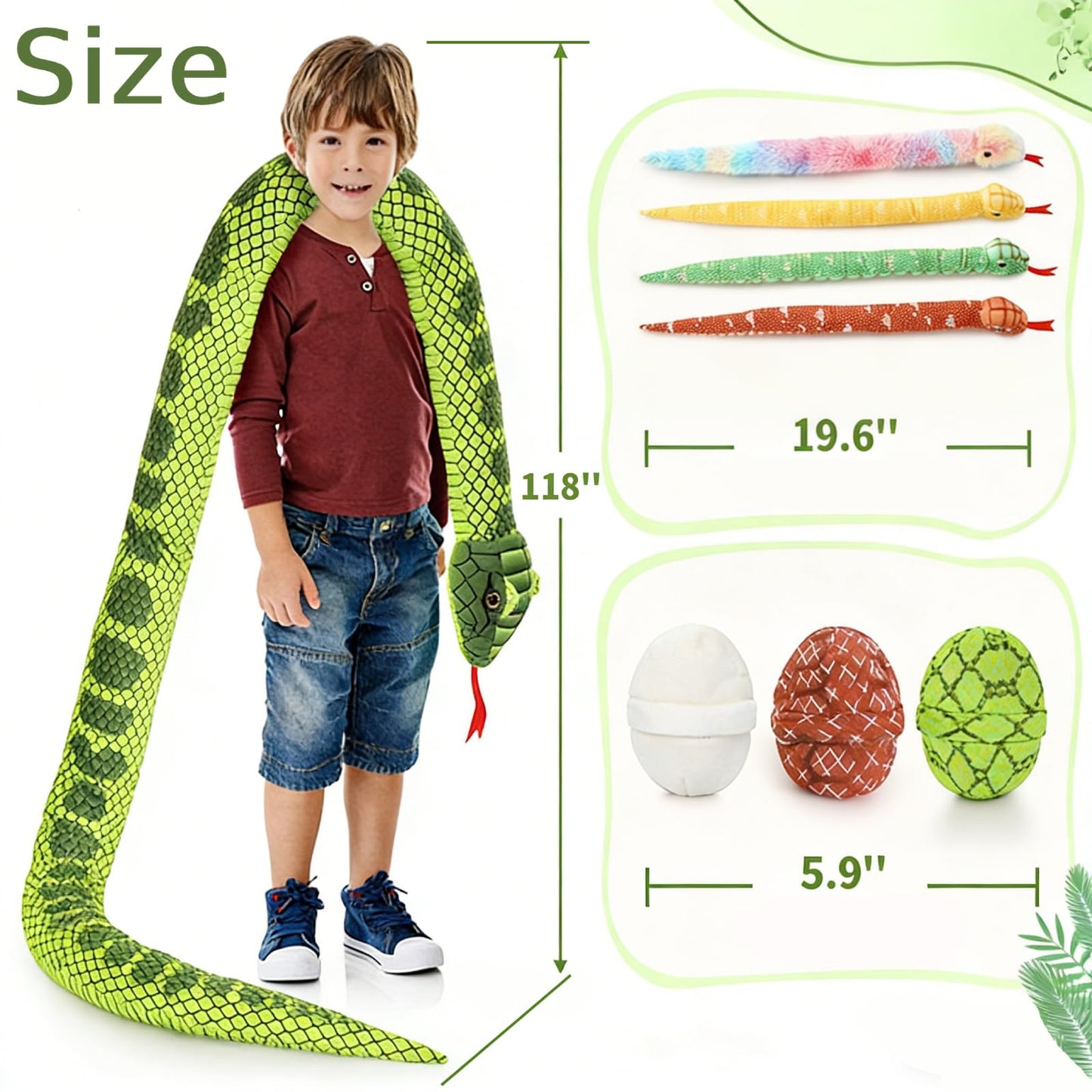 MaoGoLan 118 inch Giant Green Stuffed Snake, Realistic Mommy Snake with 4 Babies & 3 Eggs Plush Toy, Large Green Boa Constrictor Stuffed Animal for Boys Girls Kids Christmas Easter Gift
