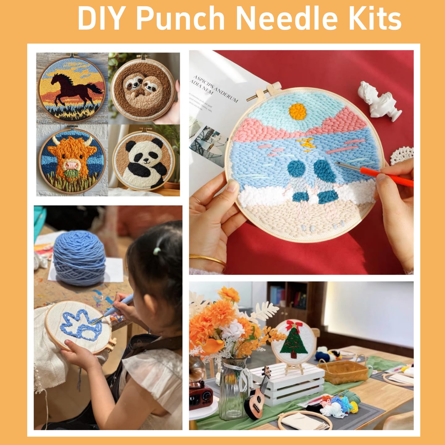 DIY Punch Needle Kits Little Sheep Green Grass Easy for Beginners Punch Needle Embroidery Set for Craft Lovers with Printed Pattern and Hoop for Home Decor 20x20cm-3