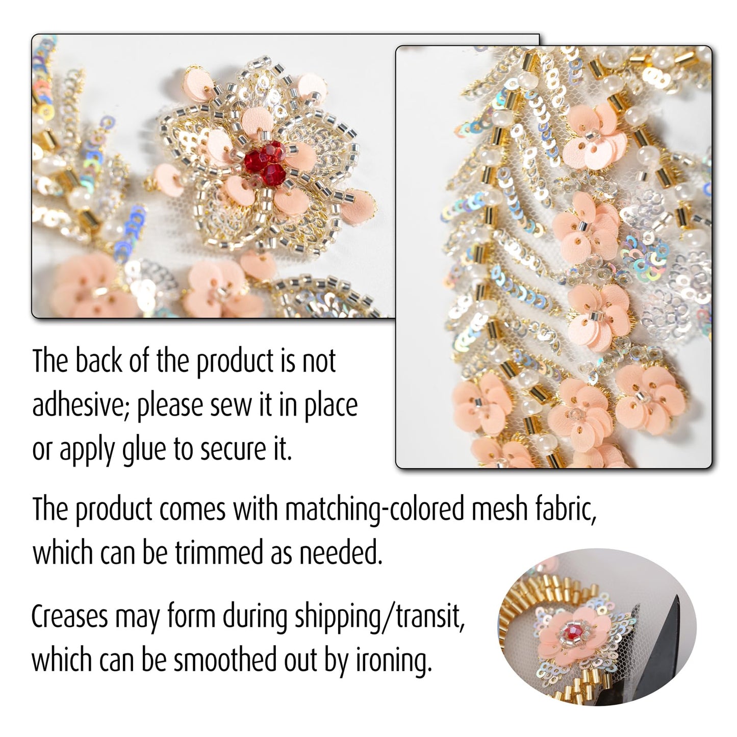 Silvora Pair Embroidery Pearl Sequin Applique,Gold Beaded Flower Applique for Dress Bodice Costume Clothing Craft DIY (Gold-1)