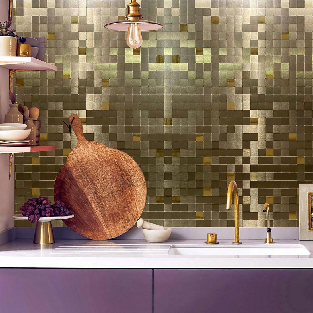 WEIMEISC 10 Sheets Peel and Stick Backsplash Tile for Kitchen, Self-Adhesive Mosaic Tile, Stick on Bathroom Vanities,Fireplace Décor, Laundry Table(11.81" X 11.81") (Brushed Gold+Golden Mirror, 10)