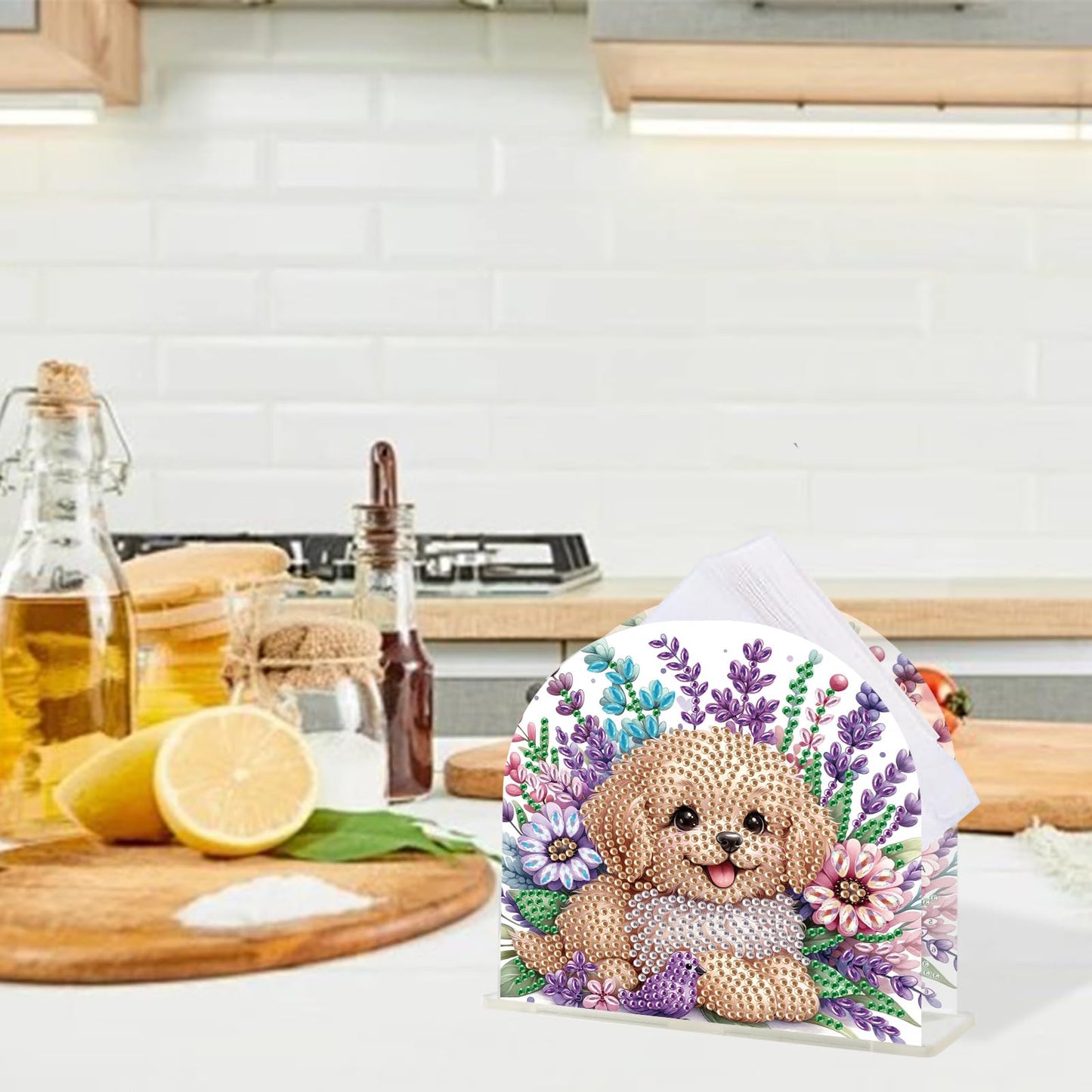 TDFERAN Diamond Art Napkin Holder, DIY Puppy Acrylic Tissue Storage Box for Table, Diamant Painting Kits Cocktail Napkin Holder, Diamond Painting for Paper Holders, Kitchen Decor