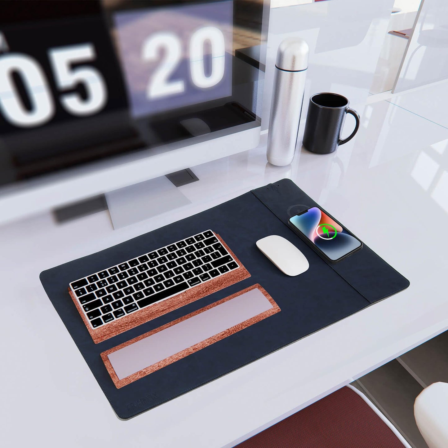 Magnetic Wireless Charging Desk Mat, 23.4"x15.6" Large Office Mouse Pad, Microfiber Leather Mouse Mat with Ultra-Smooth Surface, Waterproof Computer Keyboard Desk Mat for Office & Home, Laptop, Blue