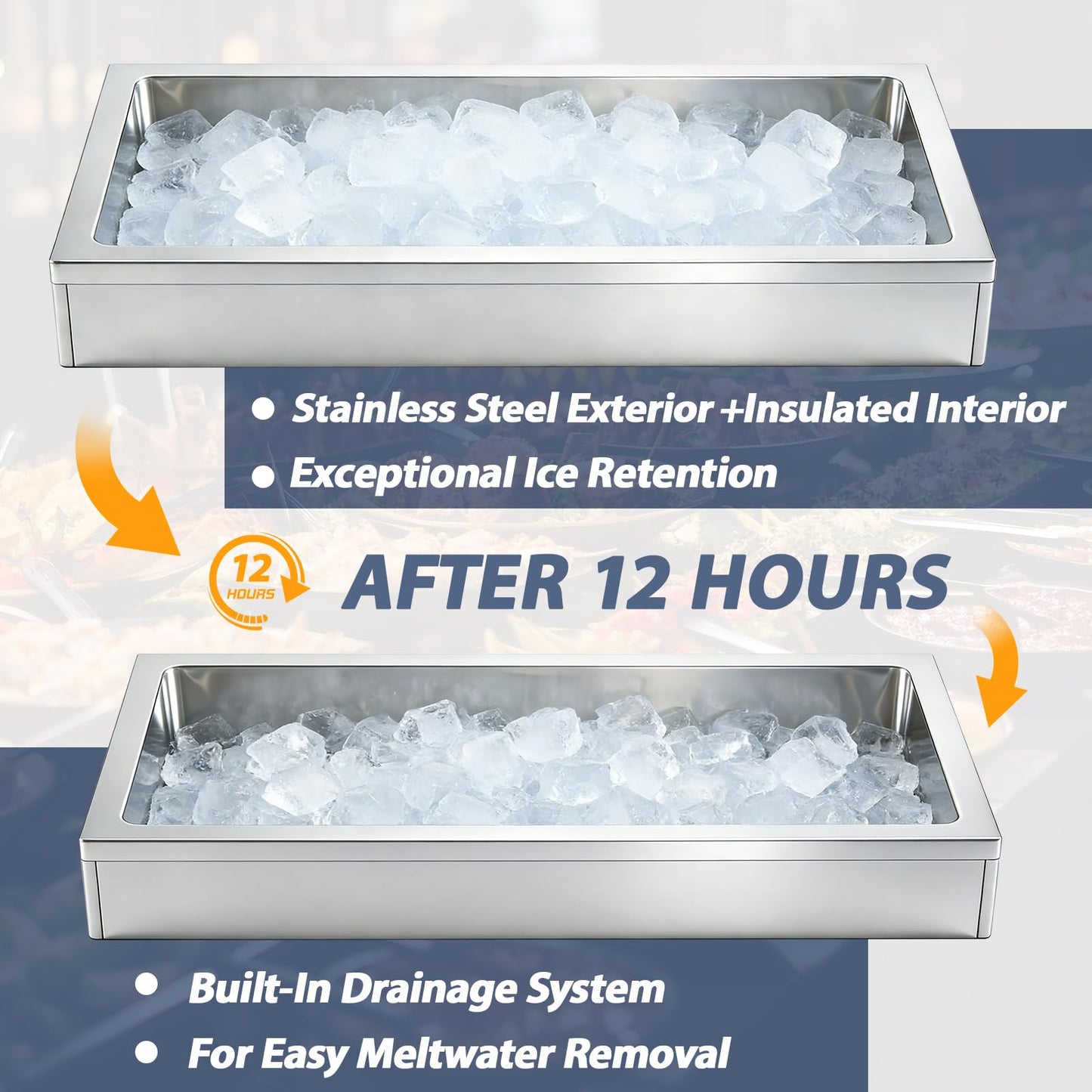 Otoolling Large Ice Food Buffet Server, 48" L x 24" w x 8" h Cold Commercial Stainless Steel Buffet Tray with Cooling, Insulated Chilled Serving Tray for Food, Seafood, Fruit Display