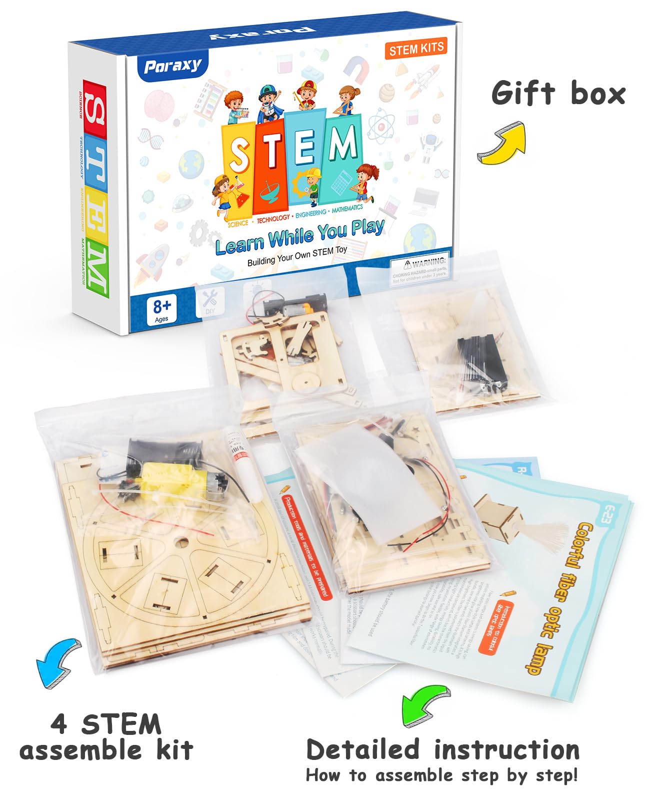 Poraxy 4 in 1 STEM Kits for Kids Age 8-10, Science Kits Building Projects for Kids, STEM Toys for Boys Girls Age 8-13, 3D Puzzles Educational Craft 8-12, Birthday Gifts for 6 7 9 10 11 12 13 Year Old
