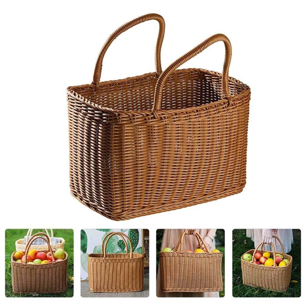 LIOOBO Big Picnic Basket with Handle, Plastic Baskets for Gifts Empty, Woven Imitation Rattan Baskets, Gift Storage Basket for Camping, Birthday, Wedding,Picnic, Party