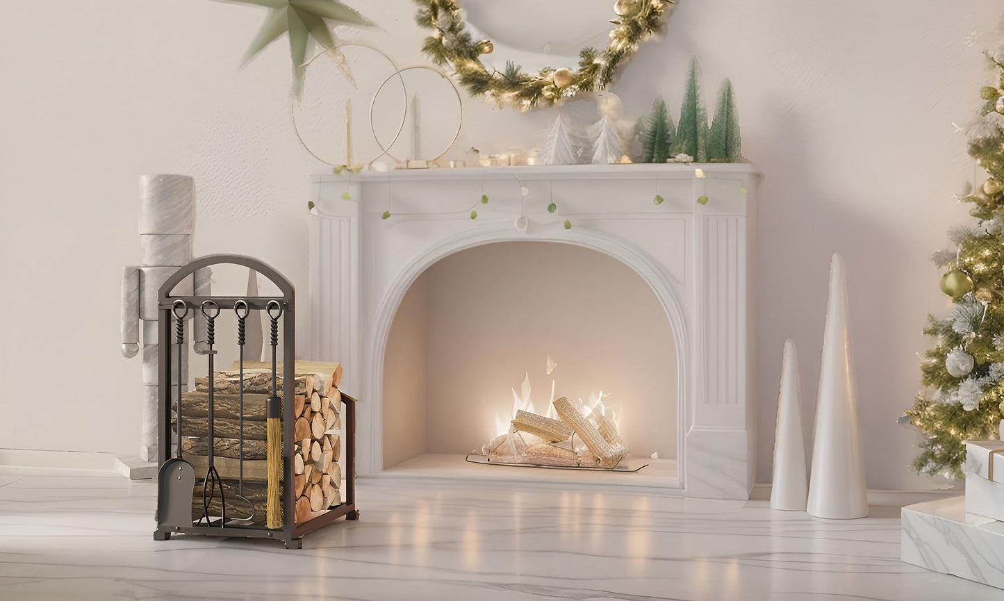 Lizh Metalwork Fireplace Log Holder with Fireplace Tools, Wrought Iron Indoor Stove Accessories Firewood Rack Holder Lumber Storage Stacking Log Holder Log Bin with Tongs Shovel Poker and Brush
