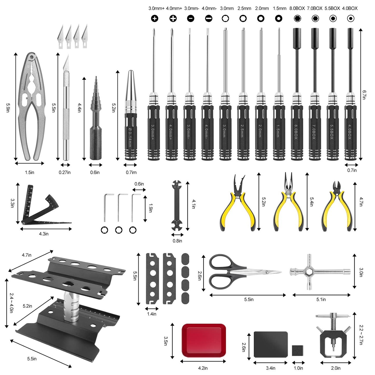 RC Station RC Tool Kit 26in1 RC Car Tool Kit Multi RC Tools Screwdriver Pliers Set Flat, Phillips, Hex, RC Car Tool Set Box for RC Car Drone 1/8 1/10 Traxxas Axial Arrma Redcat Losi RC Repair Tool Box