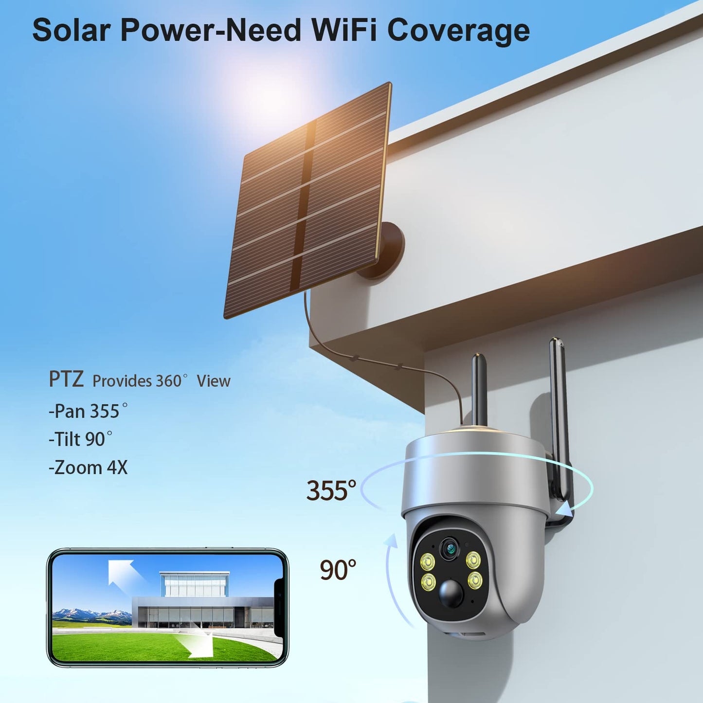 Xparkin Solar Security Cameras Wireless Outdoor, Mulit-Functional Home Security WiFi Camera with PIR Motion Detection & Floodlight, Weatherproof for Garden Front/Back Yard (2.4G WiFi Camera Grey)