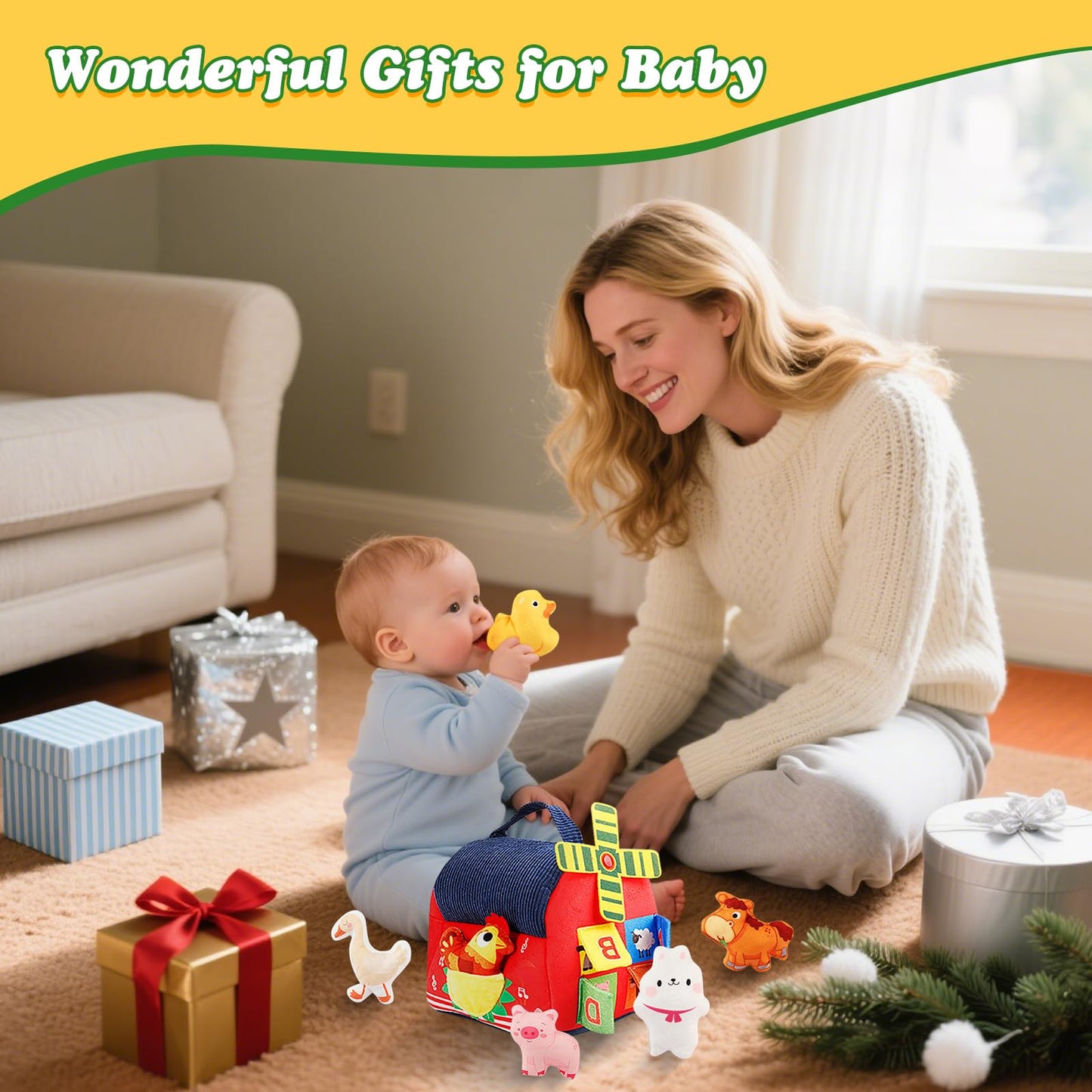 Baby Toys 6-12 Months Montessori Sensory Toy Barn with Stuffed Farm Animals, Rattle, Crinkle for Infants. Portable Learning Gift for 6 Month Old, 1-3 Year Old Toddlers, Christmas Stocking Stuffers