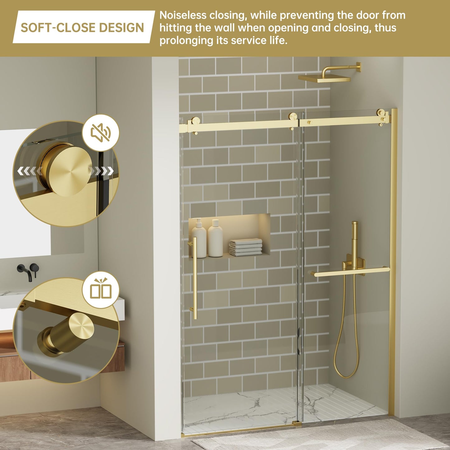 Findepot 56-60" W x 75" H Frameless Sliding Shower Door, Shower Glass Door with 1/4" Thick Tempered Glass, Explosion-Proof Film, Easy to Clean, Brushed Gold