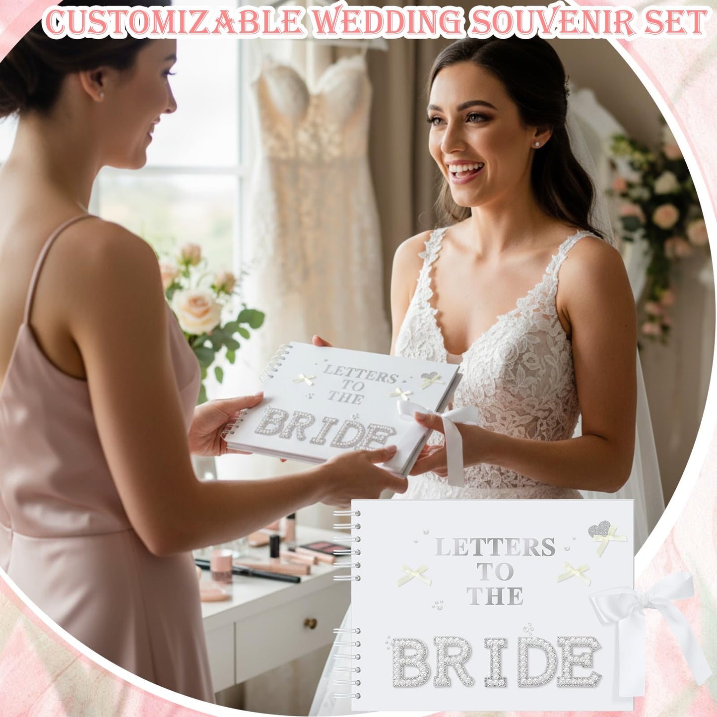 Fuyoooo 11.5 x 8.5 Inch Letters to the Bride Scrapbook Wedding Memory Book Bridal DIY Blank Paper Scrapbook Photo Album Guest Book Sign with Pearl Stickers, Metallic Letters, Bows (White)