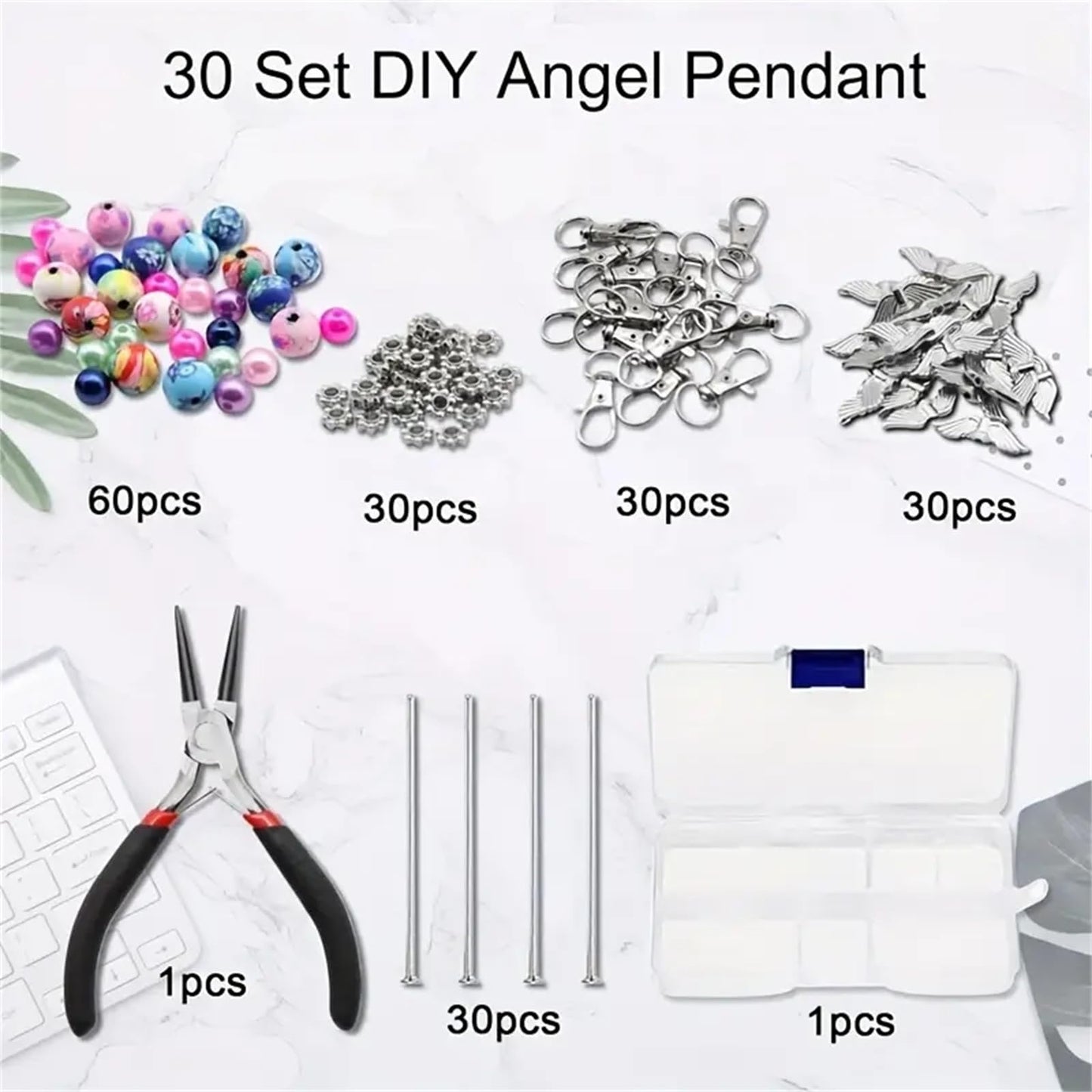 180Pcs DIY Angel Pendant Keychains Kit Includes Alloy Wing Spacer Imitated Bead Pendant Lobster Buckle Claw Clasps and Pliers Jewelry Making Supplies Repair Tools Kit for Women Adults (Flowers Beads)