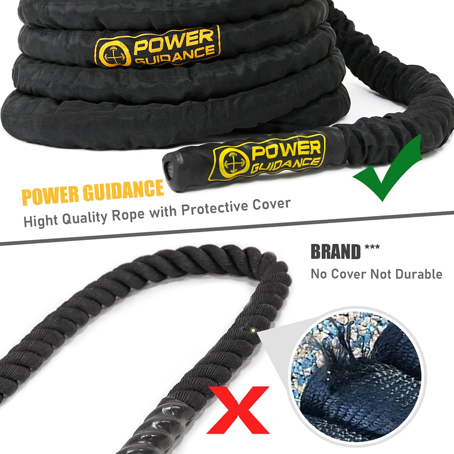 POWER GUIDANCE Battle Rope, 1.5" Width Poly Dacron 30/40/50ft Length Exercise equipment for home gym & outdoor workout, Battle Rope Anchor Included (1.5'' * 50FT Length)