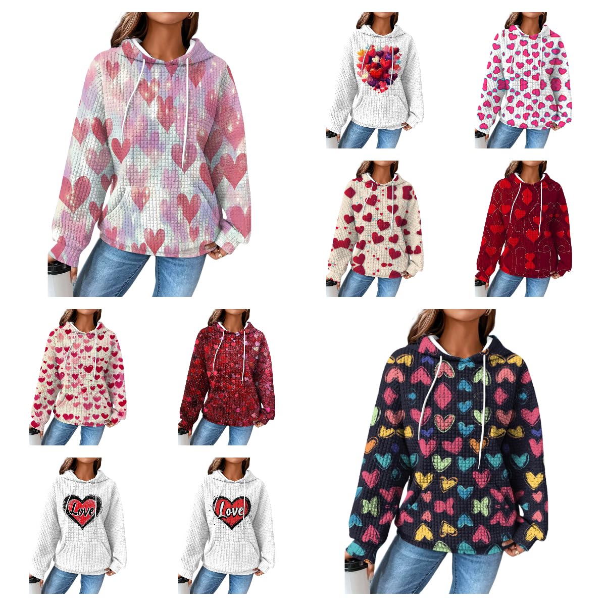 Valentines Day Outfit Women Heart Print Pullover Waffle Outdoor Warm Oversized Clothing Fashion Hooded Sweatshirt 2025 Spring Fashion Casual Elegant Dressy Cute Graphic Hoodies With Pockets,L