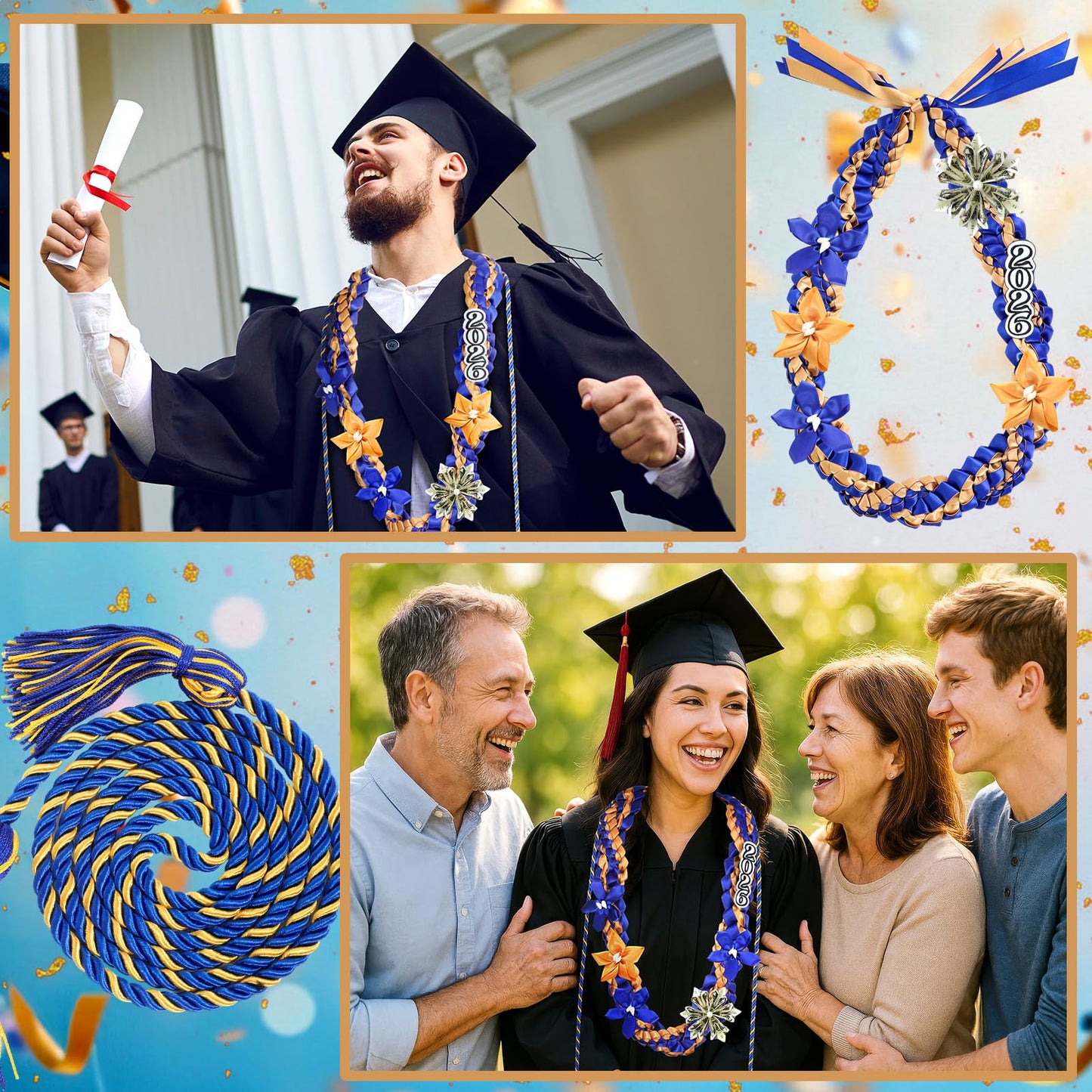 Craftsatin 2026 Graduation Money Leis with Honor Cord Class of 2026 Graduation Ribbon Money Leis Double Braided Handmade Necklace Kit for for High School College Grad Party Supplies (Blue Dark Gold)