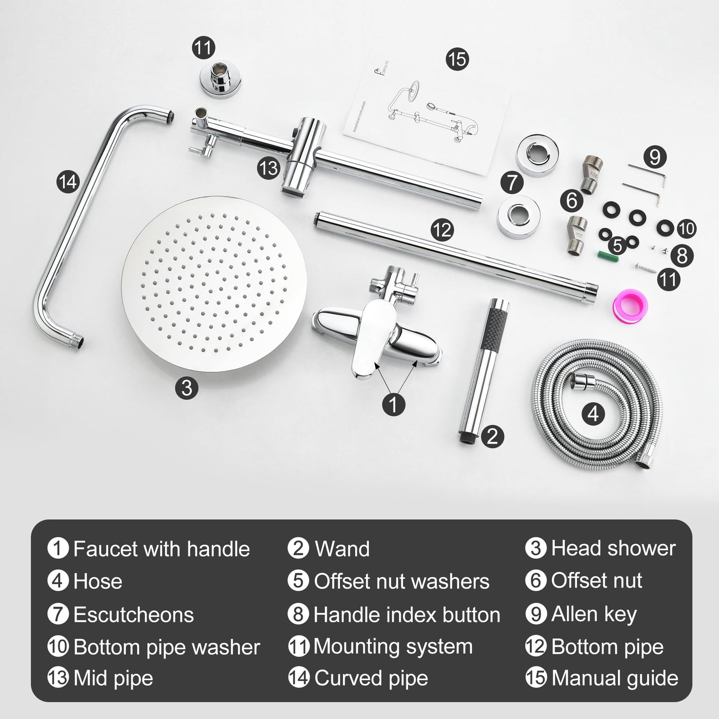 AmazonBasics Outdoor Shower Fixtures - Total Complete Shower Kit, Chrome Finish with SS304 Handheld High Pressure Shower Head, 2-Functions