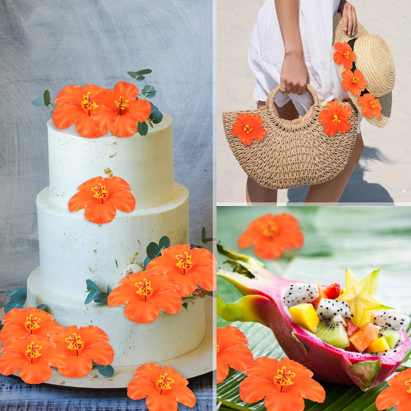 Hotop 24 Pcs Artificial Hibiscus Flowers Orange Hawaiian Fake Flowers Faux Tropical Hibiscus Decoration for Luau Summer Party Decor DIY Crafts Cake Favors Supplies Table Centerpieces