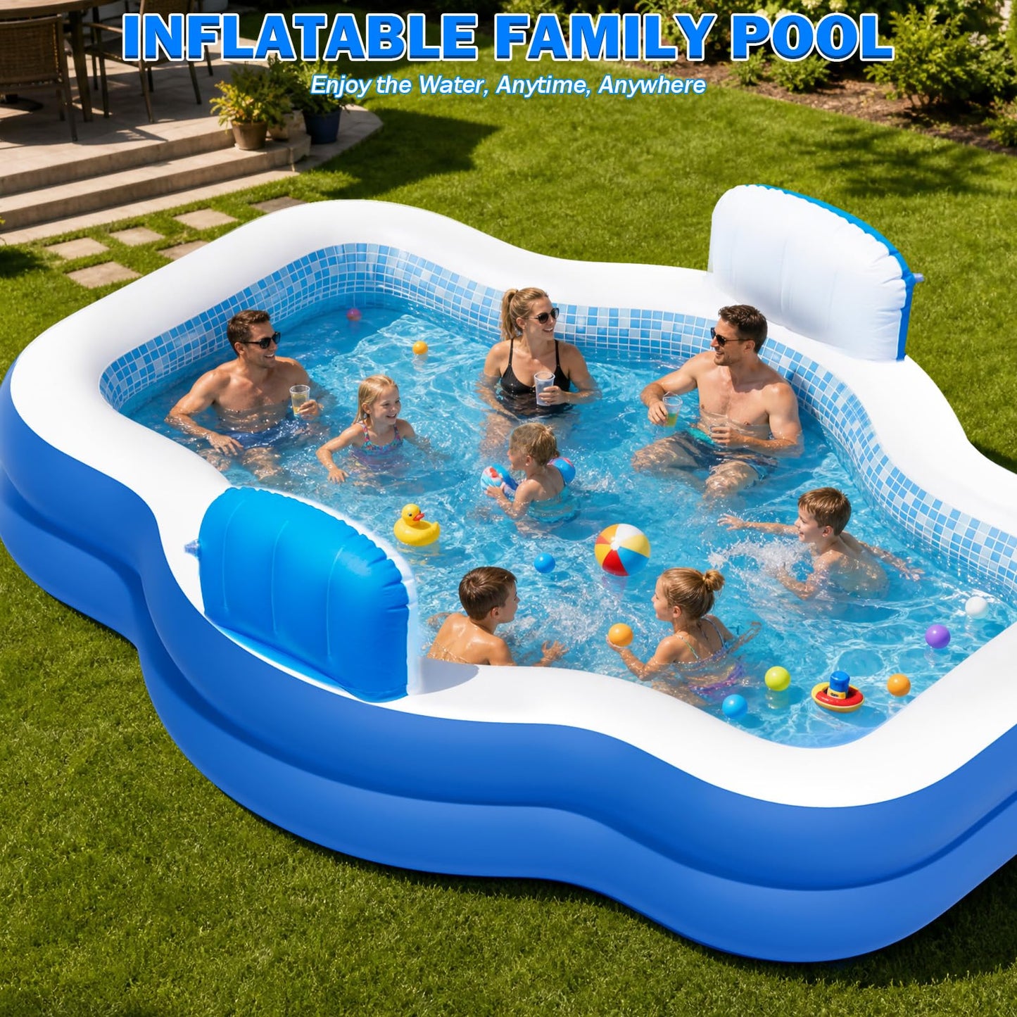 ALSTU Extra Large Inflatable Pool with Pump, 121" X 90" X 22" Full-Sized Blow Up Pool with Seats for Adults, Family Inflatable Swimming Pool for Summer Water Party Backyard Garden Lawn