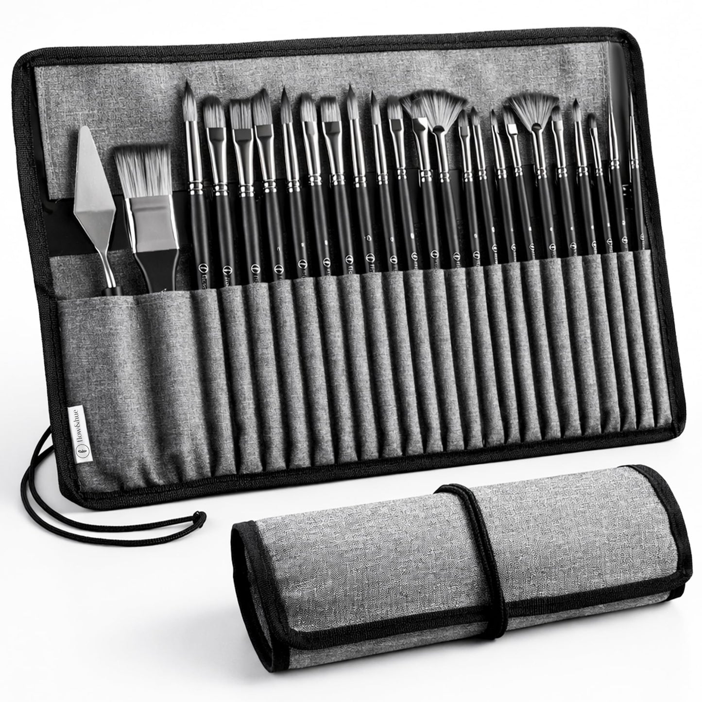 Flow & Hue 25 Pce Professional Paint Brush Set ā Acrylic, Watercolor, Oil & Gouache - 9 Brush Shapes (Flat, Round, Filbert, Fan, Angle, Liner) + Palette Knife & Waterproof Canvas Roll Case for Artists