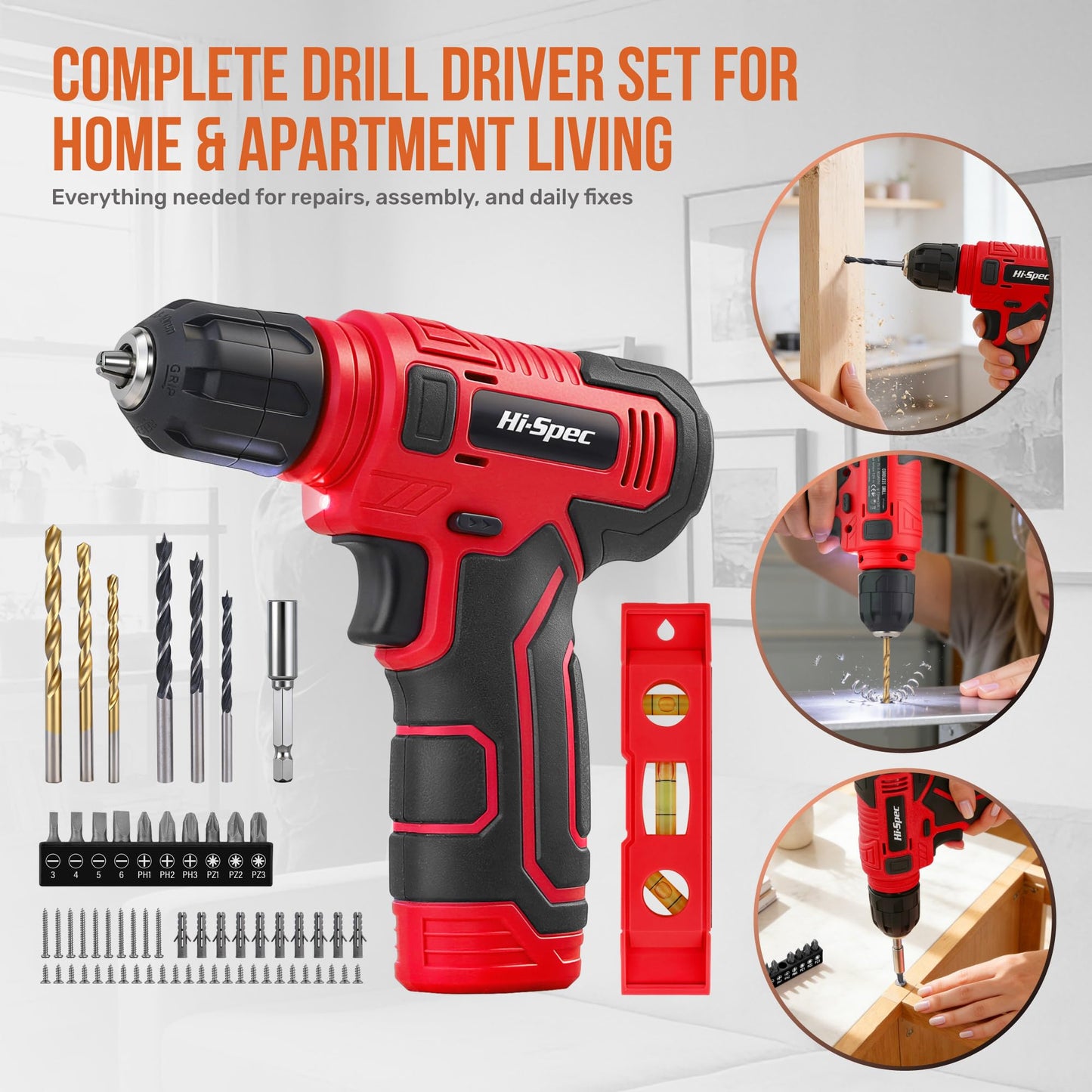 Hi-Spec 8V USB Power Drill Driver Screw Drill Bit Set. Cordless & Rechargeable Electric Drill Driver with Wall Hanging Kit,Red