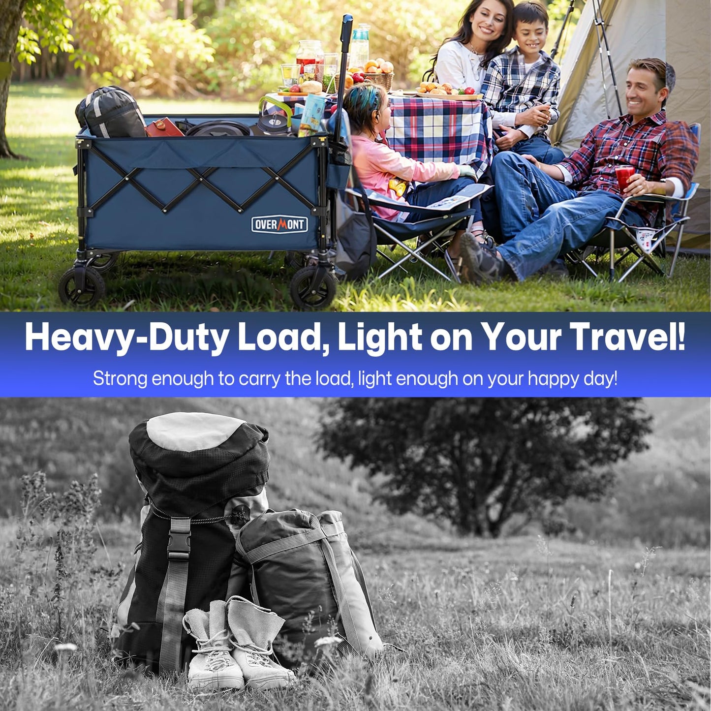 Overmont Ultra-Compact Collapsible Wagon Cart - 200L Portable Folding Wagon with All-Terrain Wheels Utility for Beach, Grocery Shopping, Camping, and Gardening โ 360lbs Load Capacity Blue