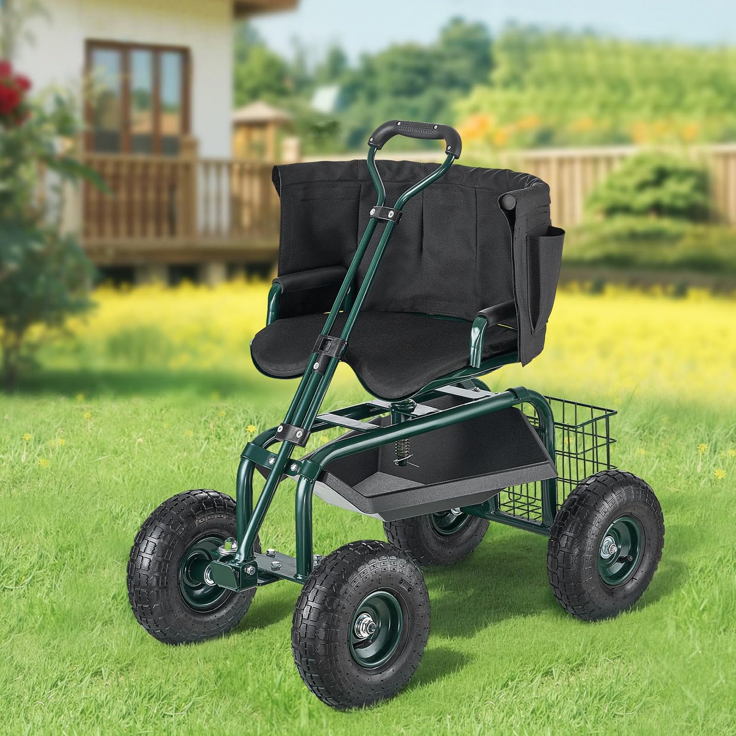 VEVOR Garden Seat with Wheels, Rolling Garden Stool with Height Adjustable & 360° Swivel Seat, 400lbs Weight Capacity, Gardening Cart Bench, Ergonomic Backrest & Tool Storage, for Yard, Patio