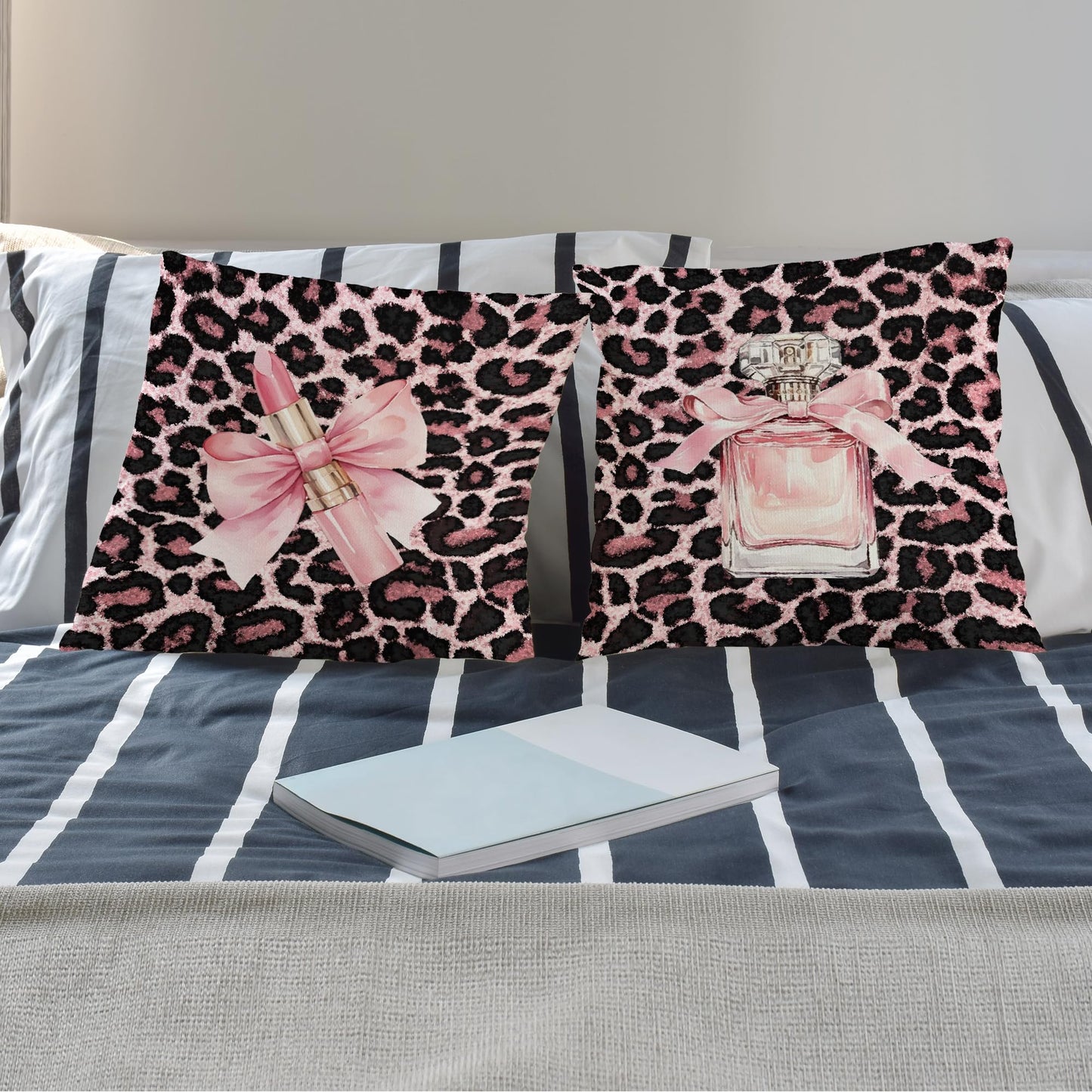 Exqcom Pink Leopard Print Pillow Covers 18x18 Set of 2, Preppy Room Decor Aesthetic, Coquette Girly Lipstick Perfume Cheetah Throw Pillow Covers for Girls Room Dorm Apartment Sofa Couch