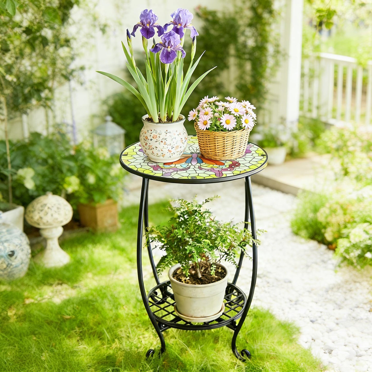 Arbuxzuy 12 Inch Small Outdoor Side Table with Colorful Butterfly, Glass Mosaic Patio Table Indoor, Round Plant Coffee Table for Living Room, Balcony, Garden(Butterfly Style)
