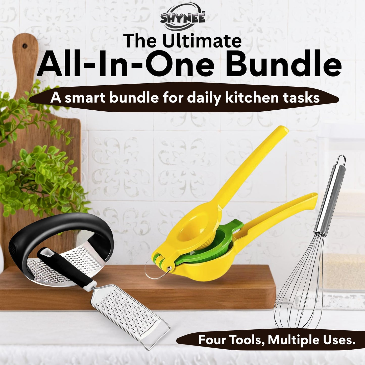 4PCs Kitchen Essentials Kit ā Lemon Squeezer, Garlic Press, Stainless Steel Whisk, Multi-Use Grater, Cheese Grater ā Durable, Easy to Clean Cooking Tools Set for Everyday Meal Prep