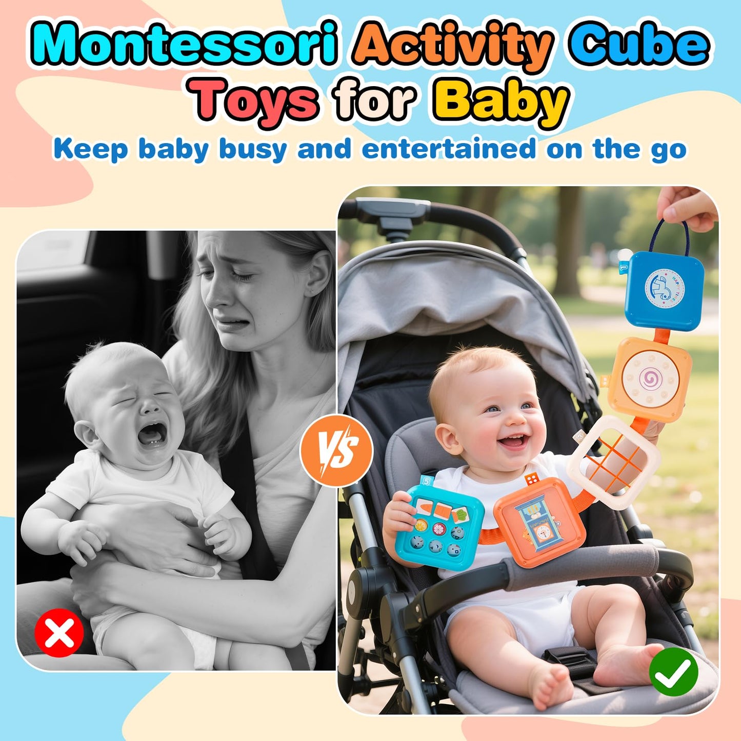 Flwedora Busy Board Toys for 1 Year Old Toddlers, Montessori Sensory Travel Toys for Airplane Car, Baby Learning Toy Gift for 1 Year Old Boy Girl & Activity Cube (Easter Stocking Stuffer, Birthday)