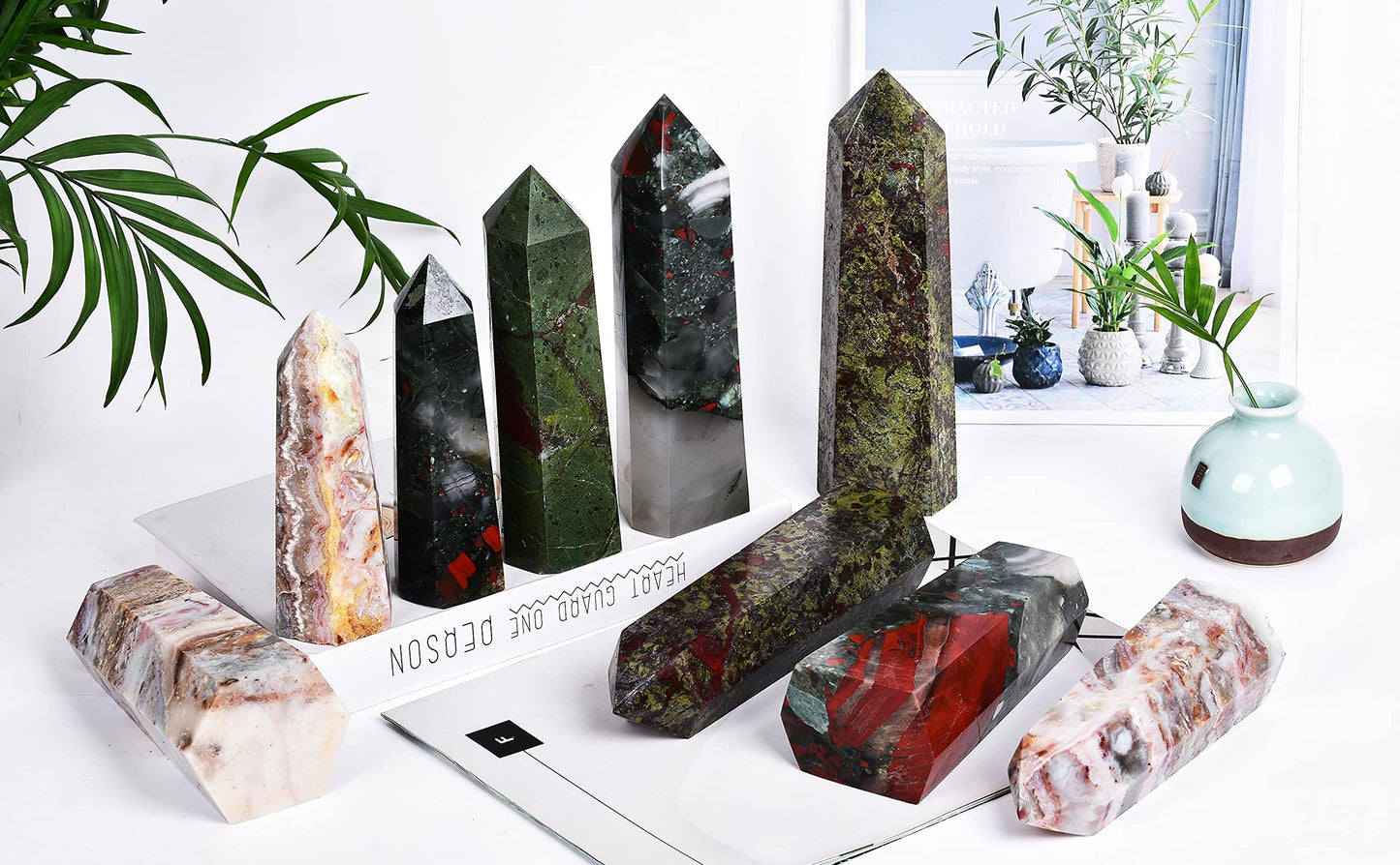 AMOYSTONE Bloodstone Obelisk Large Healing Crystal Wand Tower 6 Faceted Column Reiki Chakra Meditation Therapy Green Red 0.6-1.1 LBS