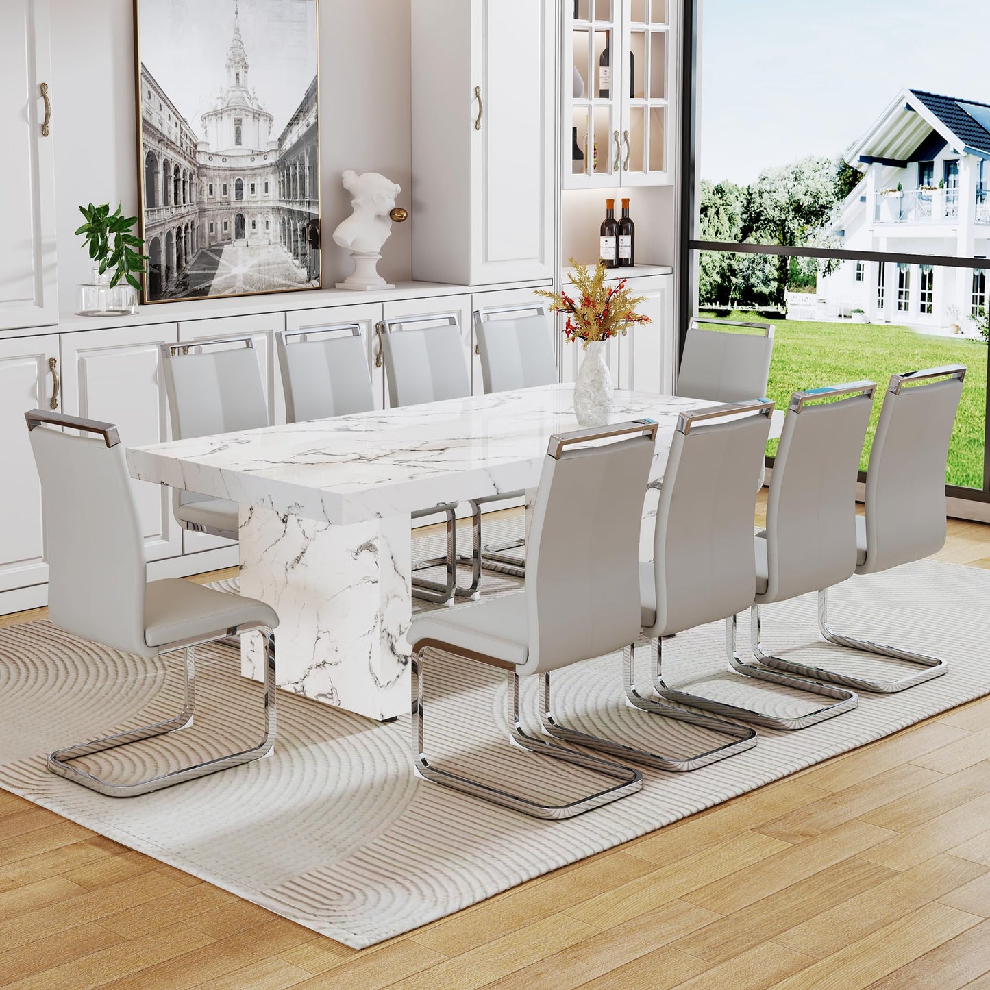 gopop 11 Piece Dining Table Set, 79" Marble Dining Table Set for 10, Marble Pattern MDF Dining Table Top and Base, 10 PU Leather Dining Chairs with Chrome Plated Metal Legs for Kitchen Dining Room.