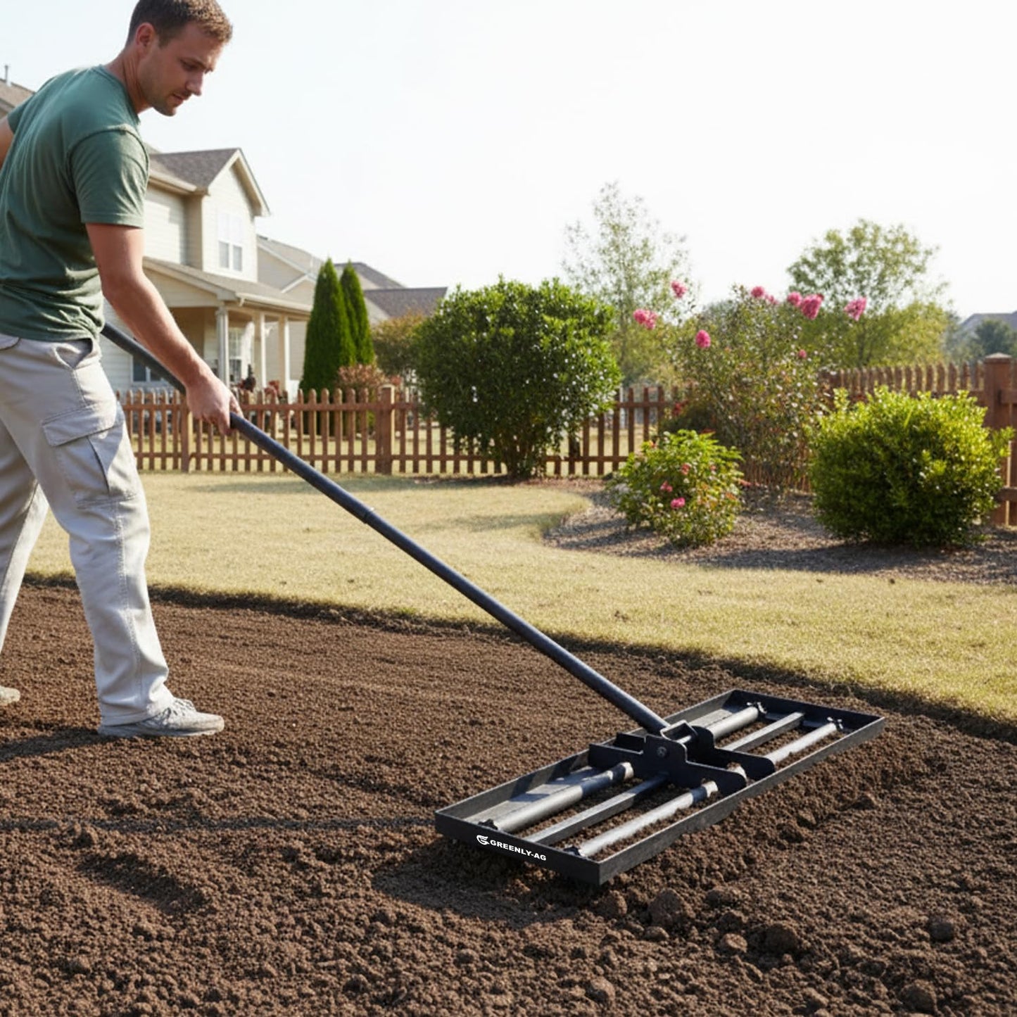 G GREENLY-AG 30" Heavy Duty Lawn Leveling Rake, 6.5FT Soil Leveler Tool, with 4 Spiked Wheels & Smooth Roller, Landscaping and Restoration Soil Sand Dirt Surfaces, for Garden Yard Farm Golf Course