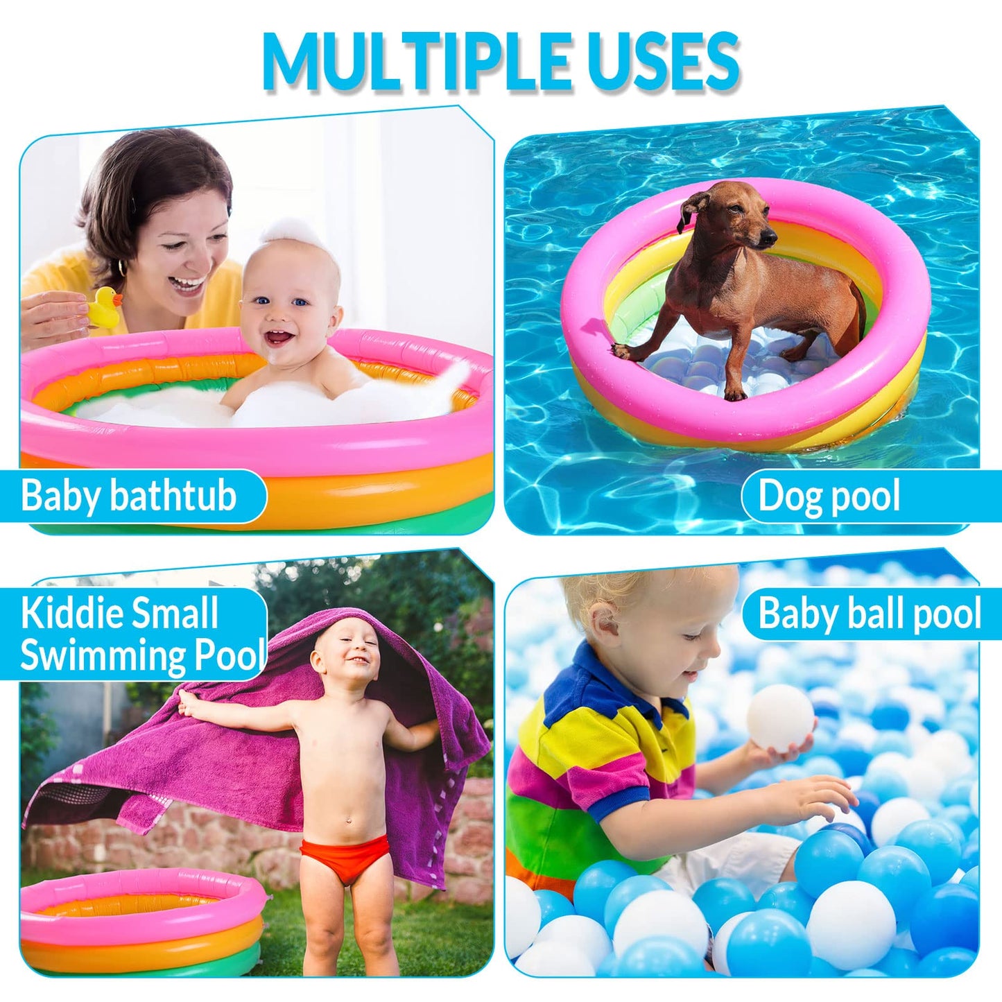 Jerify 6 Pack Kiddie Pool for Toddler 34 x 10 Inch Inflatable Kids Swimming Pool Small Baby Blow up 3 Rings Round Baby Padding Ball Pond for Indoor and Outdoor Water Game Play Center(Bright Style)