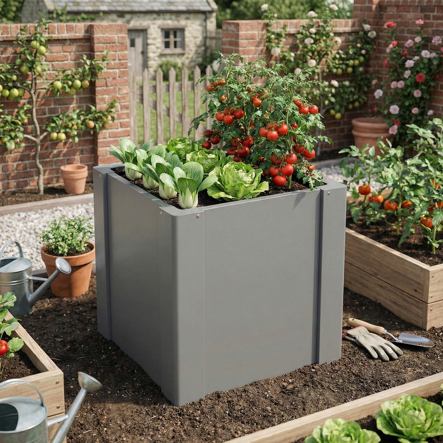 Outsunny Galvanized Tall Outdoor Planter Metal Square Large Planter Box with Open Bottom and Gloves for Vegetables, Flowers, Herbs, Outdoor Plants, 1.4 x 1.4 x 1.5 ft, Gray