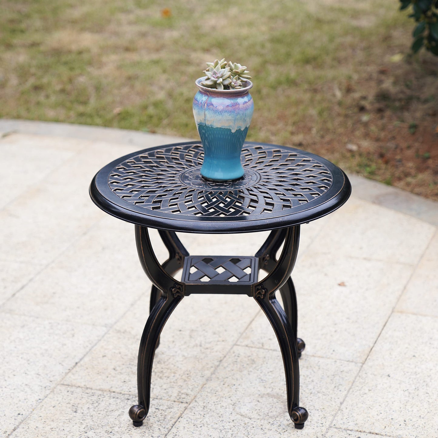 Mandolin Outdoor Patio,Rust -Resistant Cast Aluminum Side Table,Weather Resistant End Table,Coffee Table, Perfect for Patio, Backyard Or Garden. (Aluminum Round, Copper)