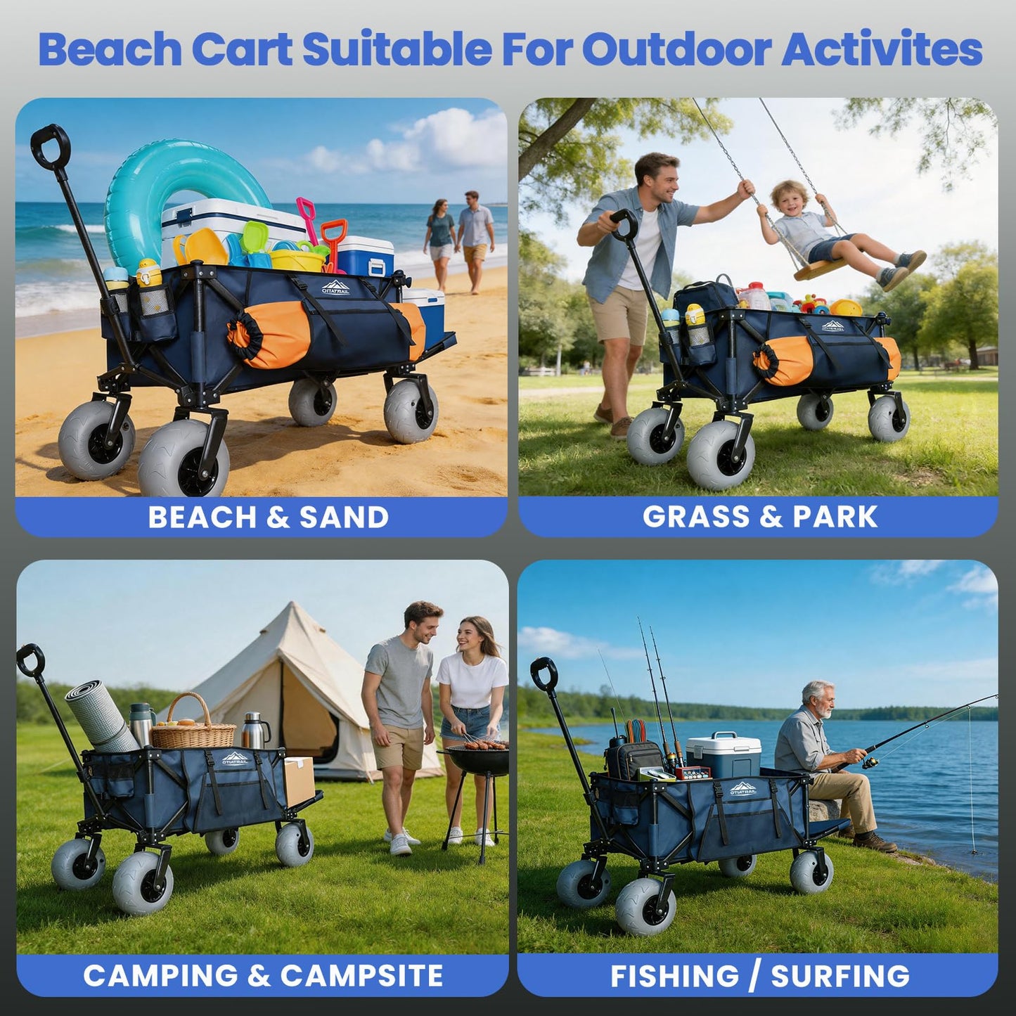 OTIATrail Beach Wagon for Sand with Big All-Terrain 9*4" Balloon Wheels, 200L Large Capacity 330lbs Heavy Duty Beach Carts, Collapsible Utility Wagon with Extended Tailgate for Beach Camping Outdoors