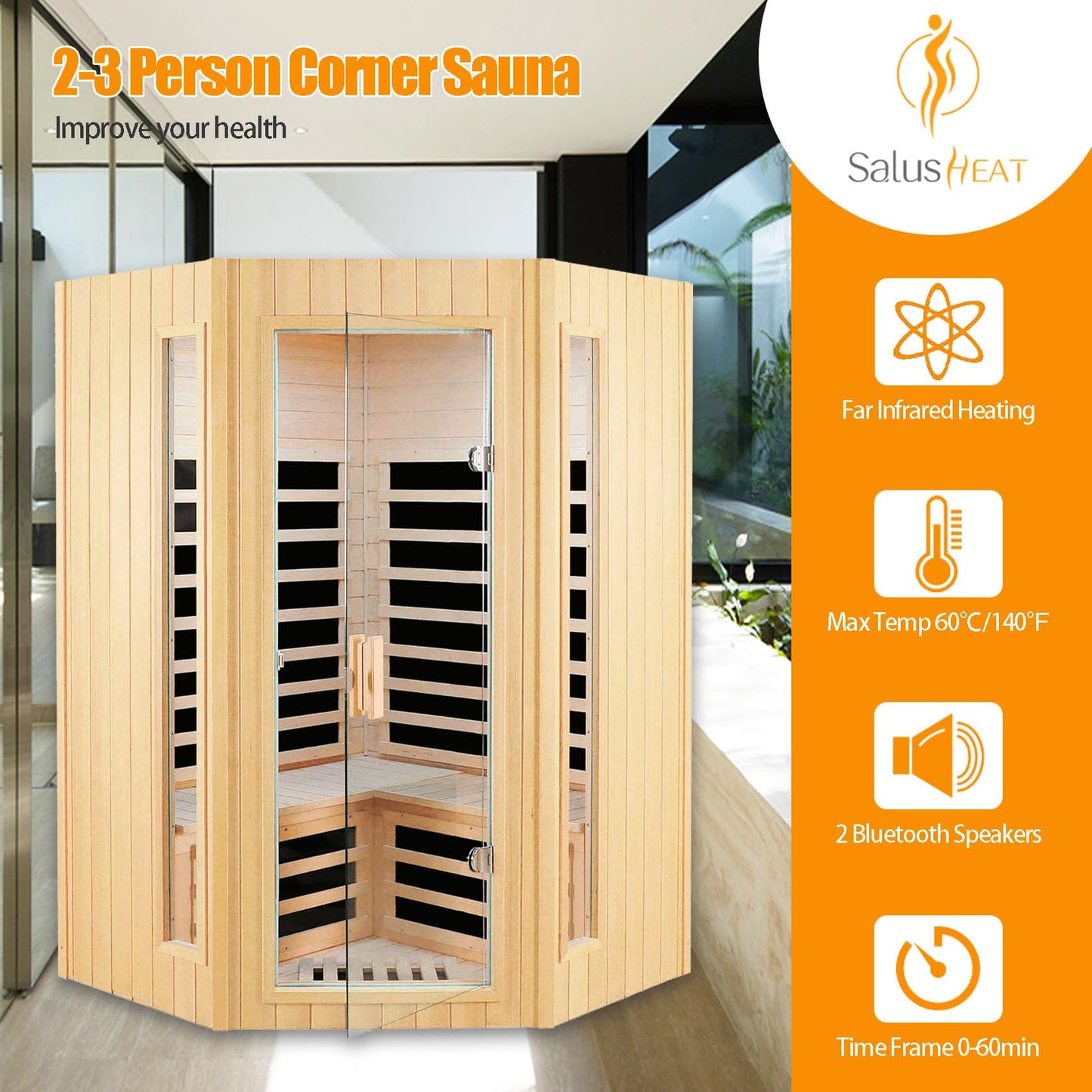 Far Infrared Sauna, 2-3 Person infrared sauna for home, Indoor Home Sauna Canadian Hemlock Wooden Sauna Dry Sauna with 7 Low EMF Heating Panels, Bluetooth Speakers, LED Reading Lights, 1670W