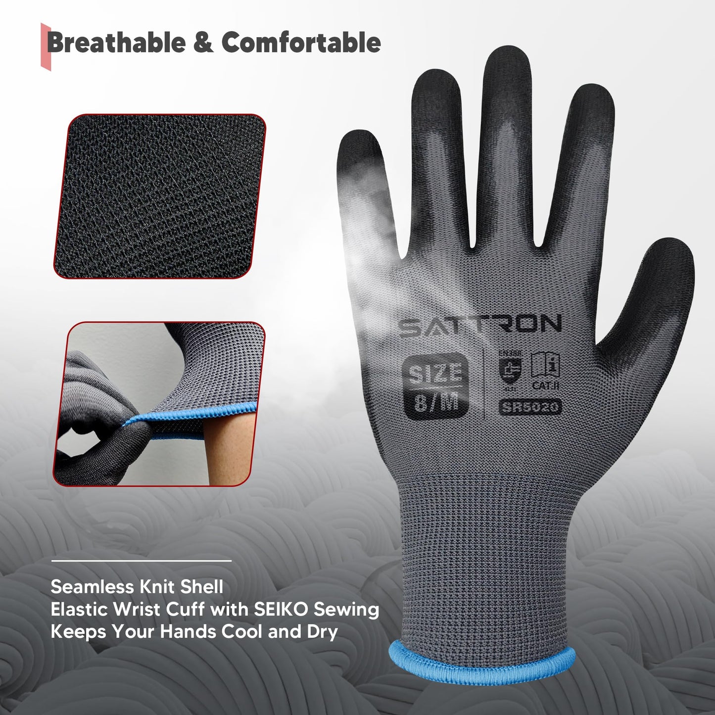SATTRON Safety Work Gloves PU Coated, 12 Pairs Seamless Knit Gloves with Polyurethane Coating Working Gloves Excellent Grip for Men & Women, Breathable, Ideal for General Duty Work DIY ((Grey, Small)