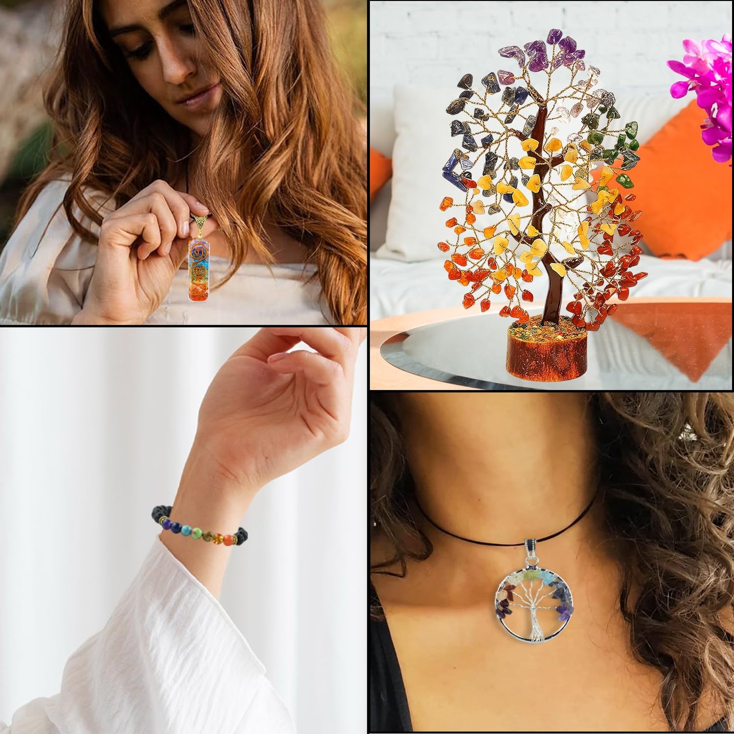7 Chakra Healing Crystal Gift Set - Premium 300-Bead Gemstone Money Tree, Protection Bracelet & 2 Pendant Necklaces - Complete Feng Shui Meditation Kit for Home Decor, Good Luck & Spiritual Healing