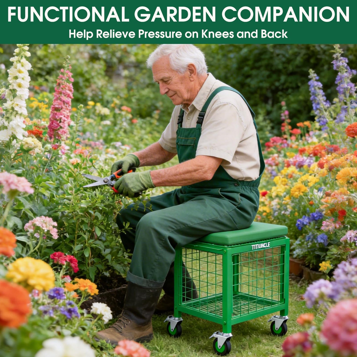 TITIUNCLE Rolling Garden Cart with Seat, 500 Lbs Garden seat with Wheels, Metal Garden Stools with Wheels for Seniors Lawn, Patio, Backyard Outdoor Use Wheelbarrow 3 in 1