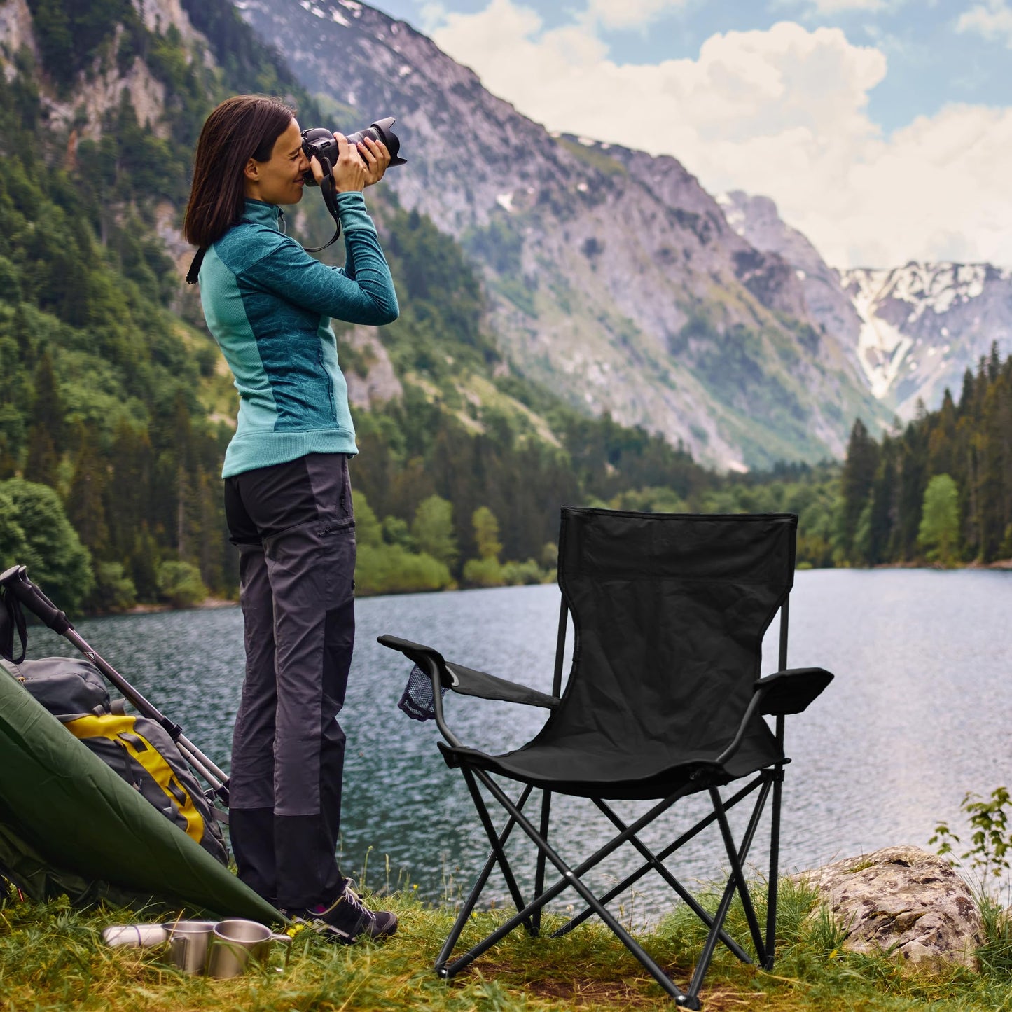 Canpsky 2 Pack Lightweight Folding Camping Chairs, Outdoor Lawn Beach Chair with Cup Holder & Carry Bag for Travel, Fishing, Picnic, Backyard, Hiking (Black, Medium)
