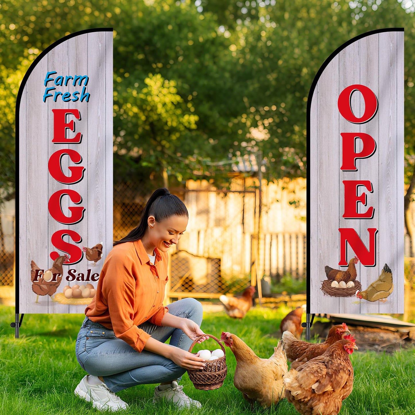 2 Sets Farm Fresh Eggs Feather Flag for Businesses Fresh Eggs Themed Swooper Banner Sign with Carbon Fiber Pole and Ground Stake Portable Bag Advertising Flag Banner for Business Advertising Outside