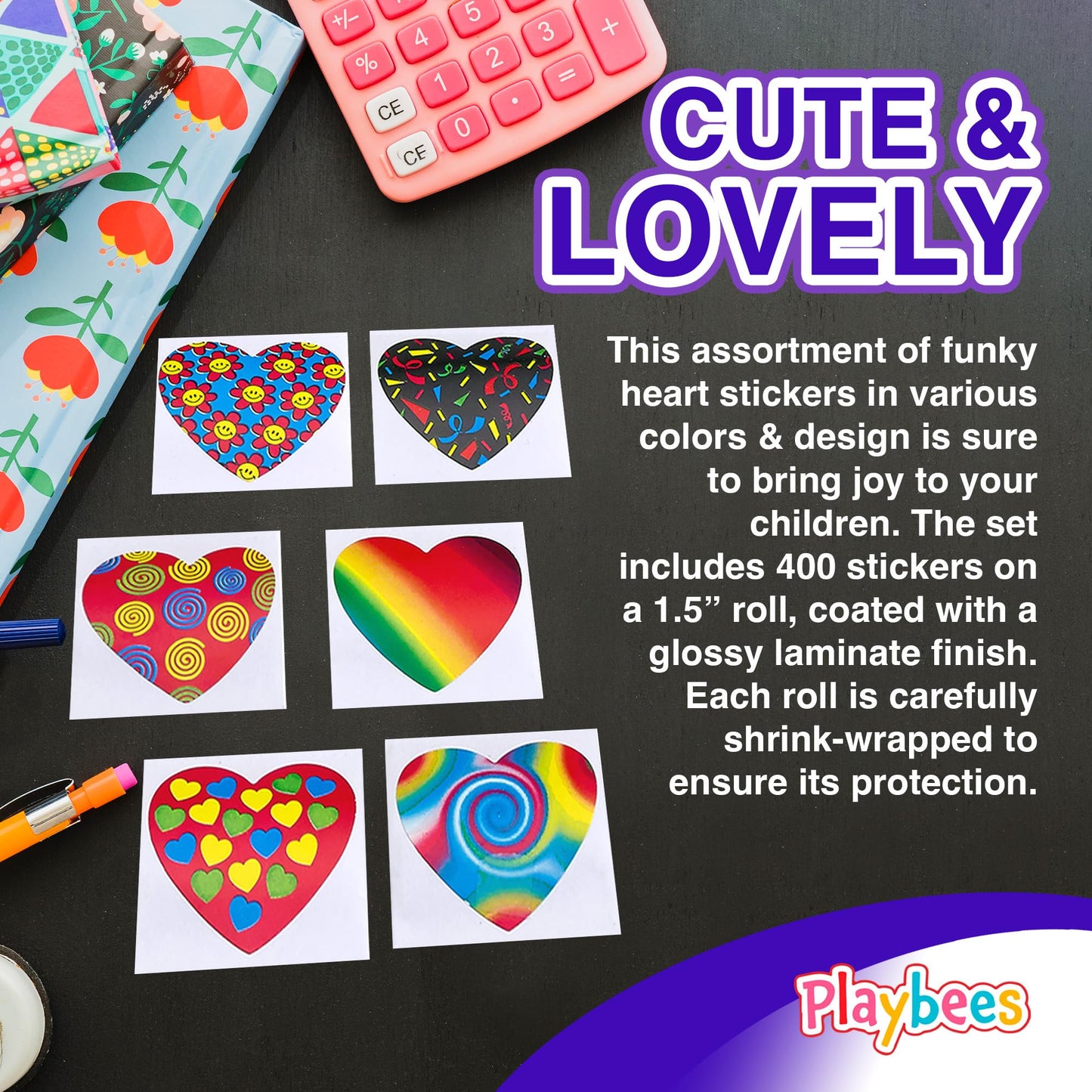 Playbees Funky Heart Stickers for Kids - 400 Pack of Rainbow Heart Themed Designs - Valentineās Day Kids Educational Arts and Crafts, Scrapbooking, Teacher Awards, Classroom Prize, Encouragement