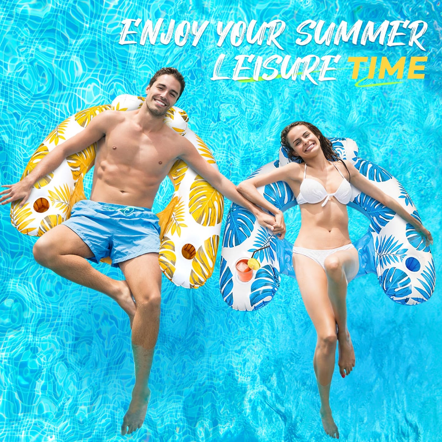 Inflatable Pool Floats Adult with Dual Cup Holders - 2-Pack, Ergonomic Pool Chairs for Floating, Hammock Lounge Pool Float for Party Summer, Water Activity, Lake and Beach, Pool Accessories