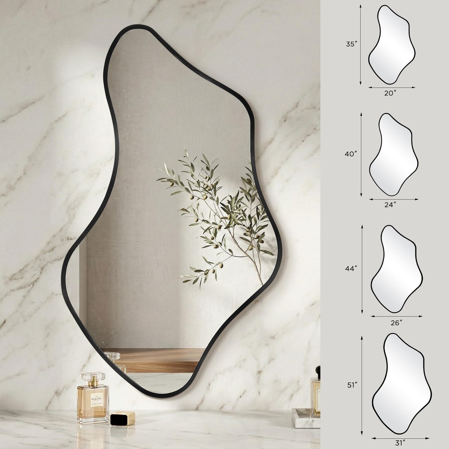 Fahomiss Asymmetrical Wall Mirror, Irregular Shaped Frameless Vanity Mirror, Modern Decorative Mirror for Entryway, Living Room, Bathroom (Black, 40" L x 24" W)