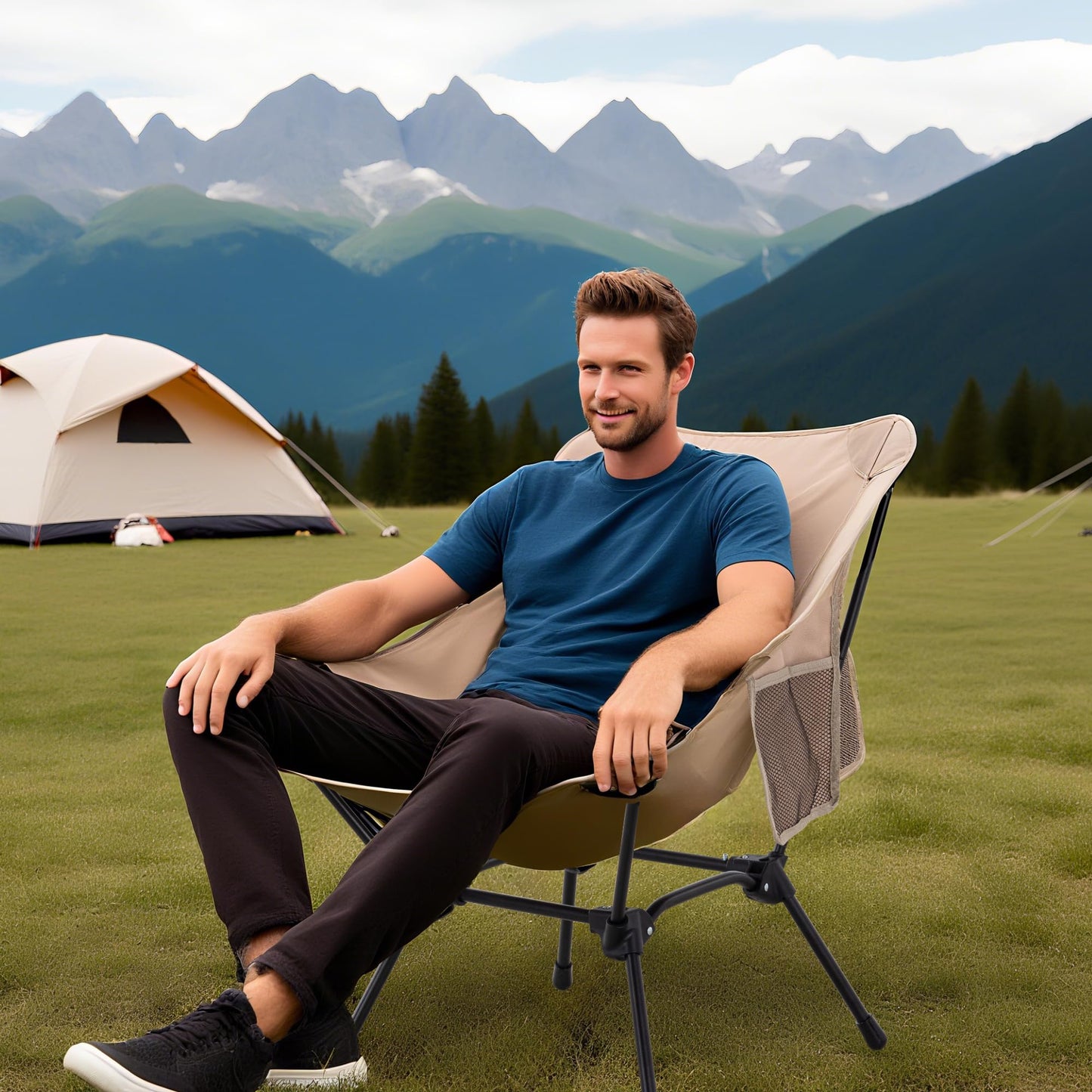 TlaroRiz Camping Chair Portable Lightweight Camping Chairs for Adults Foldable 600D Oxford Ultralight Backpacking Chair with Breathable Mesh and Pocket for Outdoor Travel Hiking,Beige