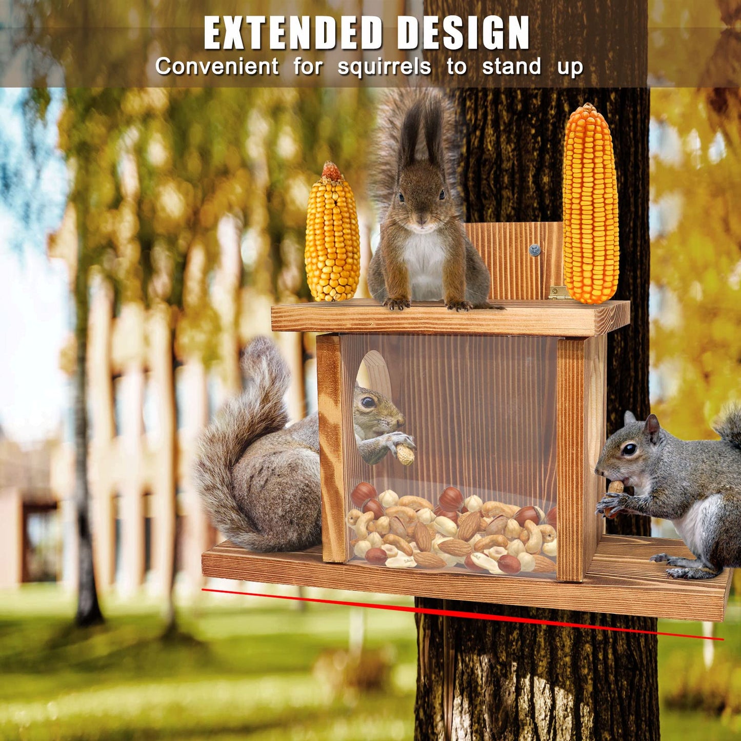 Carbonized Wood Squirrel Feeder, Squirrel Feeders for Outside Winter, Durable Squrrill House Box Easy to Fill with Removable Front Panel, Wooden Chipmunk Feeder for Corn, Peanuts