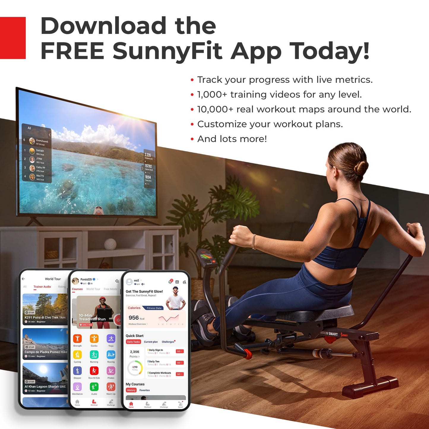 Sunny Health & Fitness Phantom Hydro Smart Water Rowing Machine with Dynamic Real-Time Resistance, Foldable 300 LB Capacity Rower with Bluetooth Connectivity and Extra Long Slide- SF-RW5910SMART