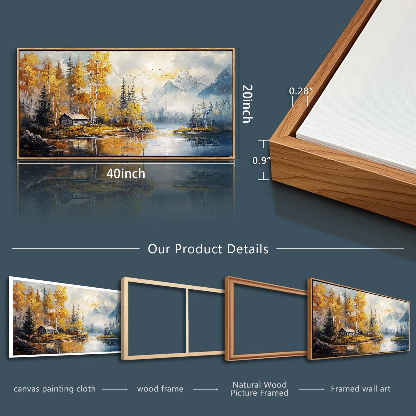 ZUITINGHUA Canvas Wall Art For Living Room Wood Framed Large Wall Decor For Office Bedroom Decorations Lake Scenery Paintings Autumn Landscape Wall Pictures Artwork Modern Home Decor 20x40 In